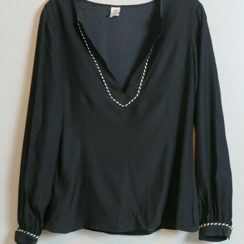 ABAETE Black V-Neck 100% Silk Black/White Trim Blouse Size M Made in USA
